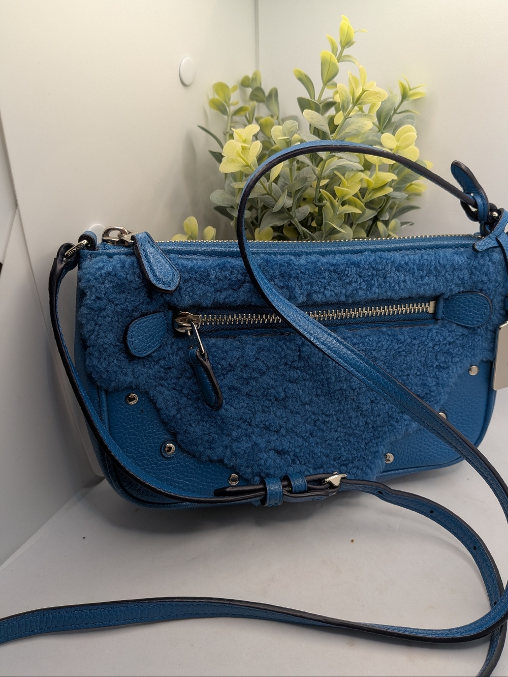 Coach Blue Pebble Leather & Shearling Nomad Crossbody Bag